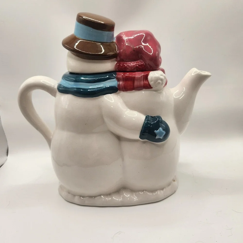Snowman Family Ceramic Teapot Christmas Holiday Winter Decor Red Blue